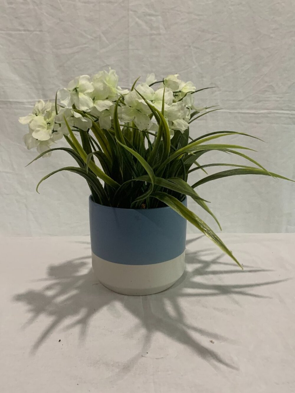 Artificial White Flowers Faux Plant 10" Blue White Two Tone Ceramic Pot Centerpi